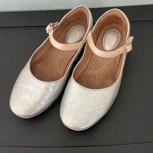 Clarks Feature Film silver leather ballet flats with nude ankle strap